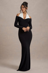 Black & White Halter-Neck Split Maxi Dress